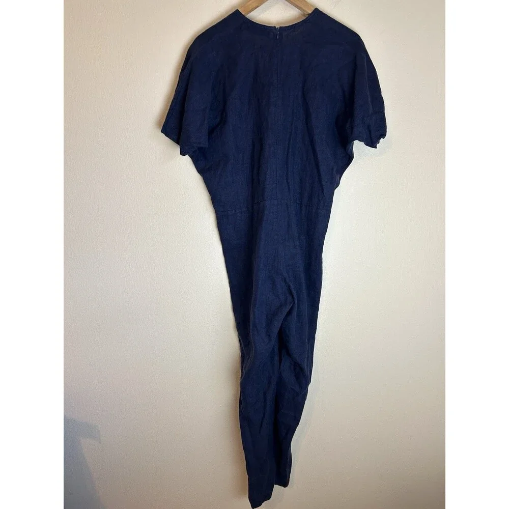 Love and Confuse S Jumpsuit 100% Pure Linen Blue wrap Lagenlook Natural Pants